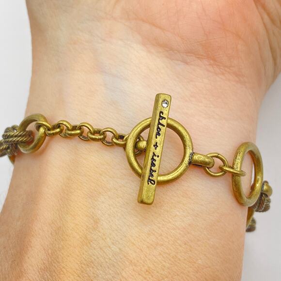 CHLOE + ISABEL Antique Gold Tone Chain Bracelet Toggle Clasp Charms Bold Chunky - Picture 6 of 8